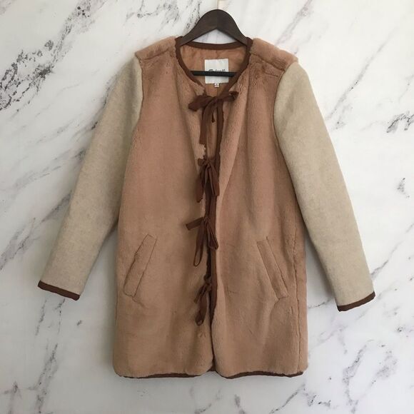 Madewell Colorblock Faux “Mink” Jacket coat tie front fall winter XS brown tan - Picture 5 of 11